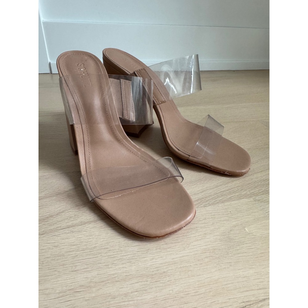 Schutz Victorie High Block Clear Vinyl Sandal Tan Leather Heel 10B